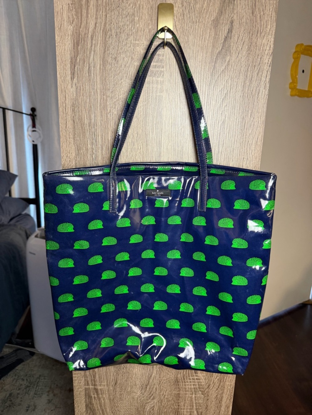 Kate Spade Navy Tote with Bright Green Hedgehogs